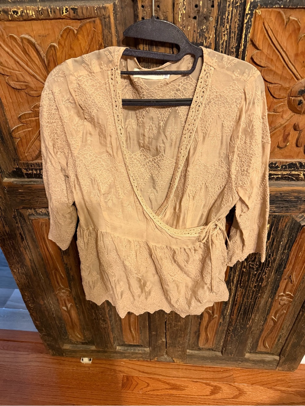 Lace-Trim Wrap Blouse in Taupe